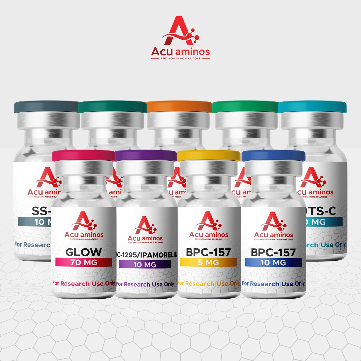 Acu Aminos research peptide vial lineup