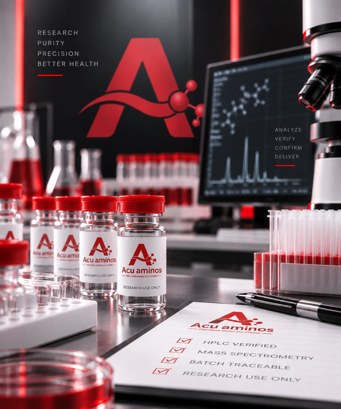 Acu Aminos research vials on a lab bench with an HPLC chromatogram